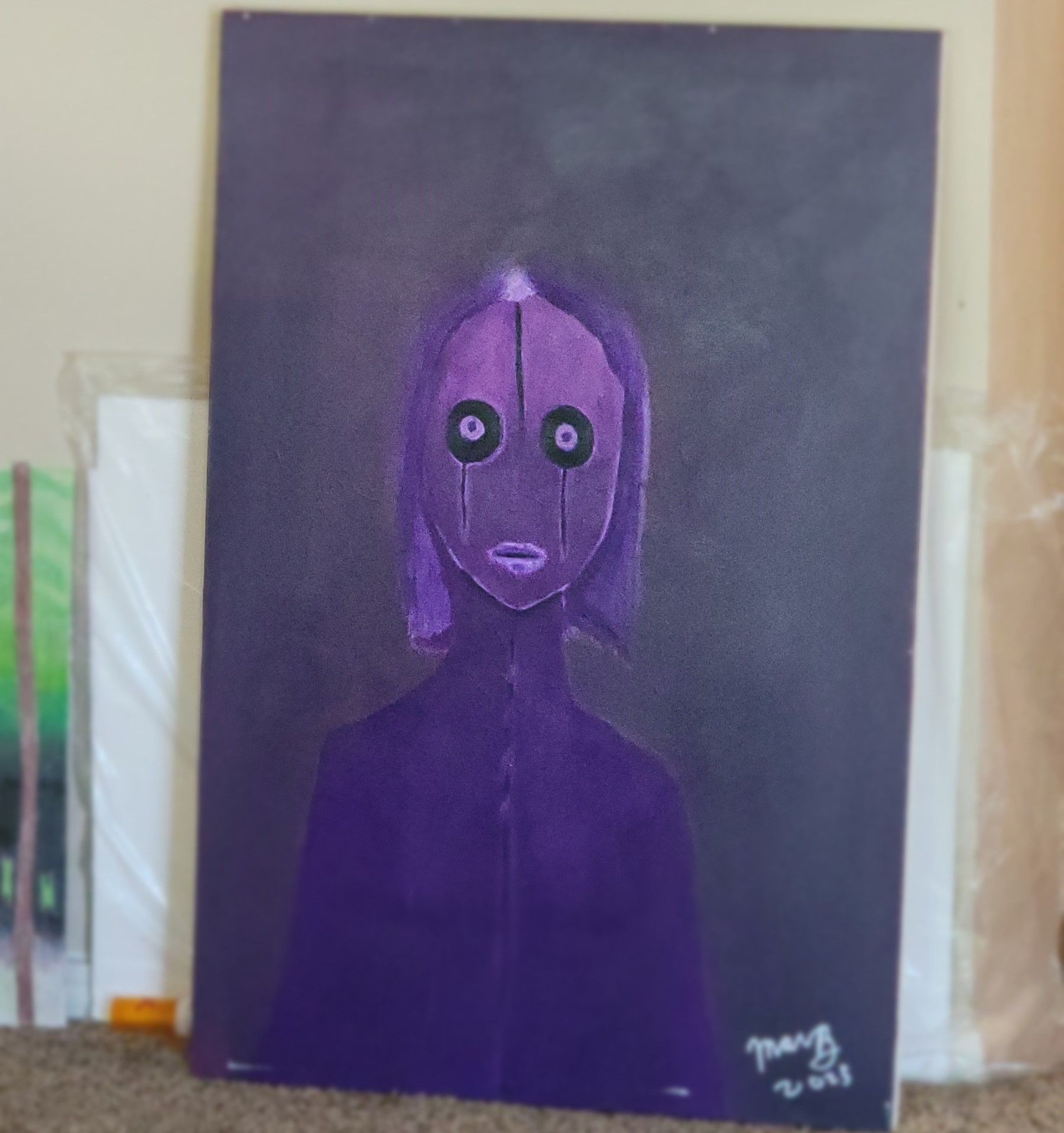 Acrylic paint on a canvas with a horror or creepy style to it. 