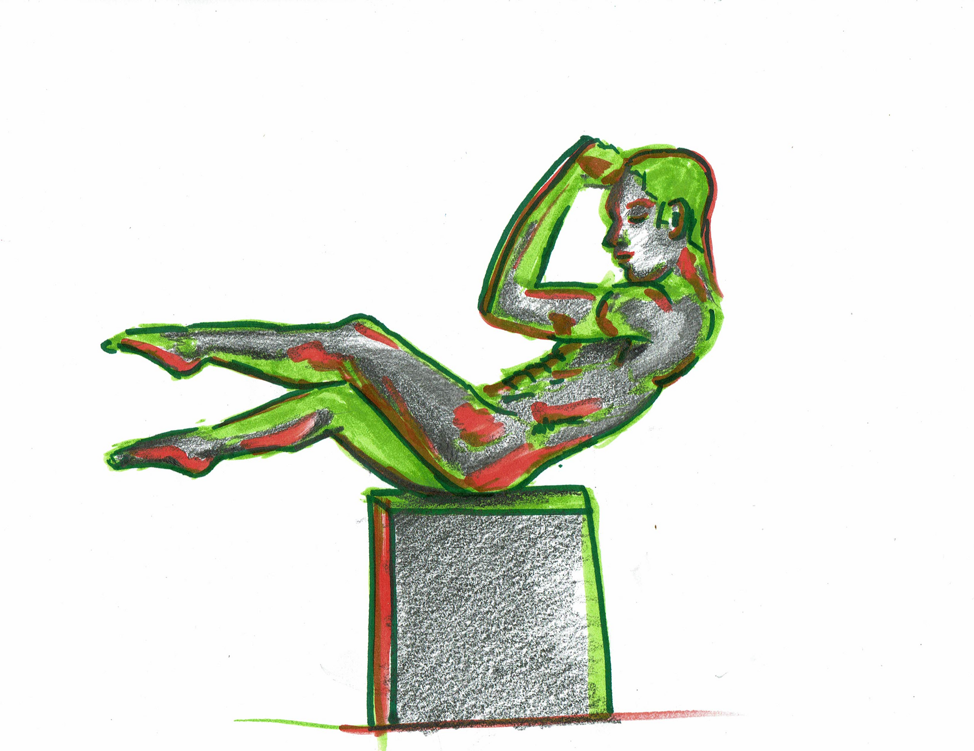 Live drawing of a man posing on a block, drawn using mix media. 