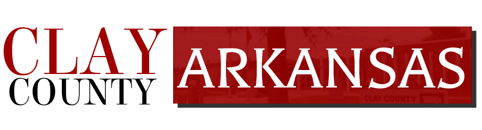 Clay County, Arkansas wordmark in red and white on a black background