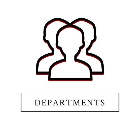 Black outline icon of three people above a box labeled “DEPARTMENTS”