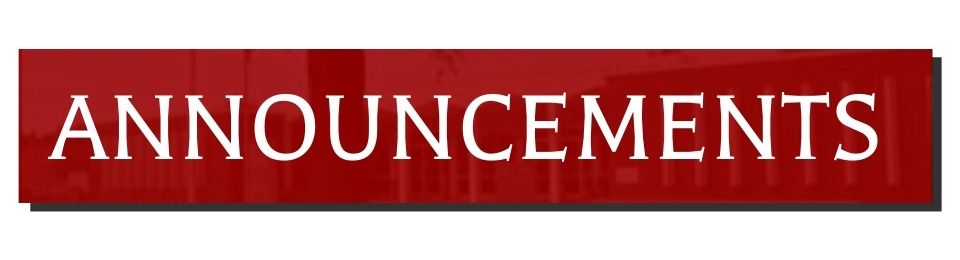 Red “ANNOUNCEMENTS” sign in white capital letters.