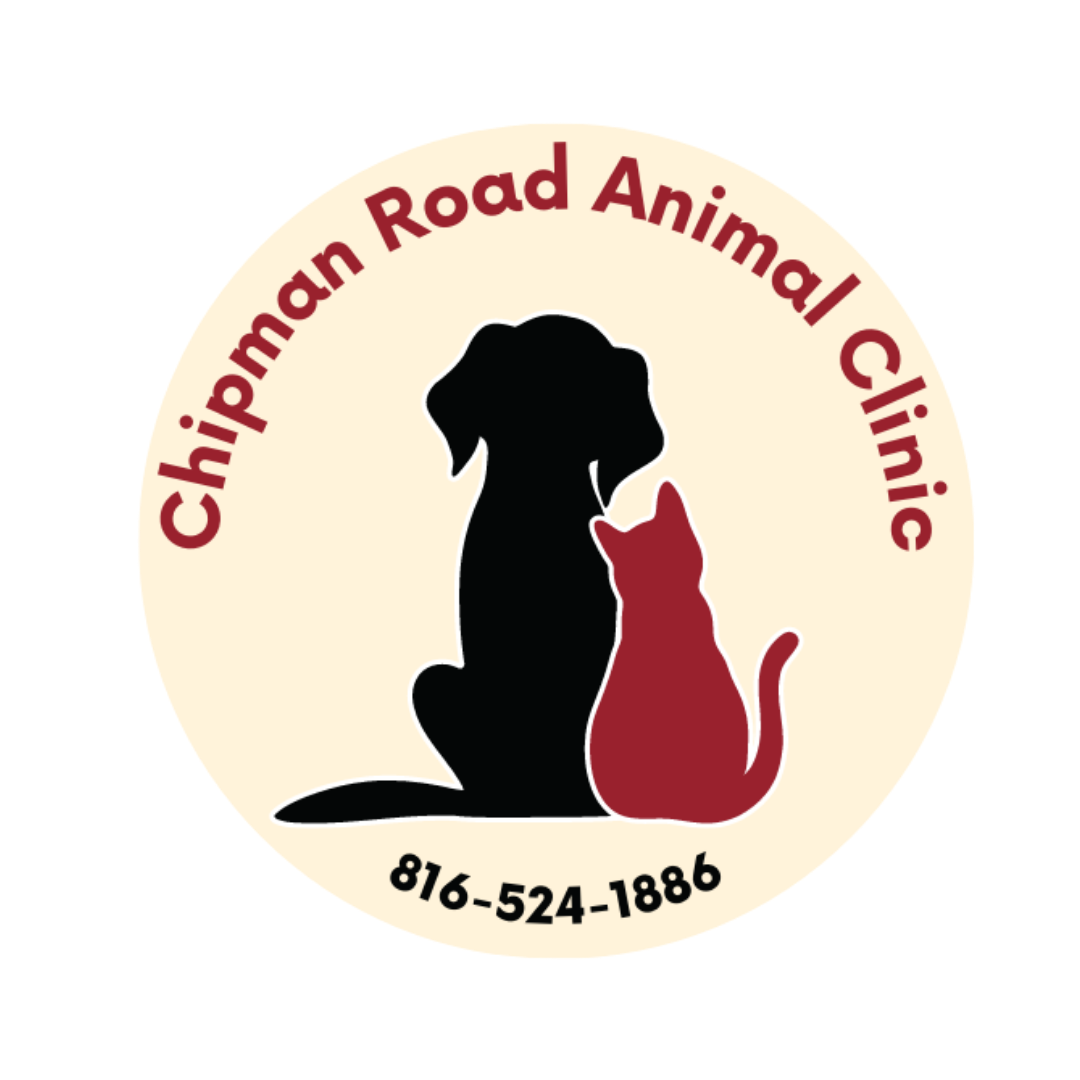 Chipman Road Animal Clinic logo: dog and cat silhouettes, phone number 816-524-1886.