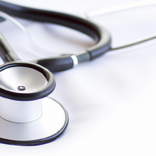 Stethoscope on a white surface, close-up. Black tubing and earpieces, silver chest piece.