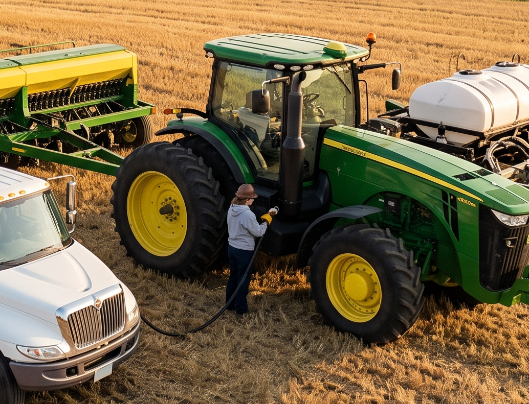 Woman fueling up John Deere tractor out in the field.