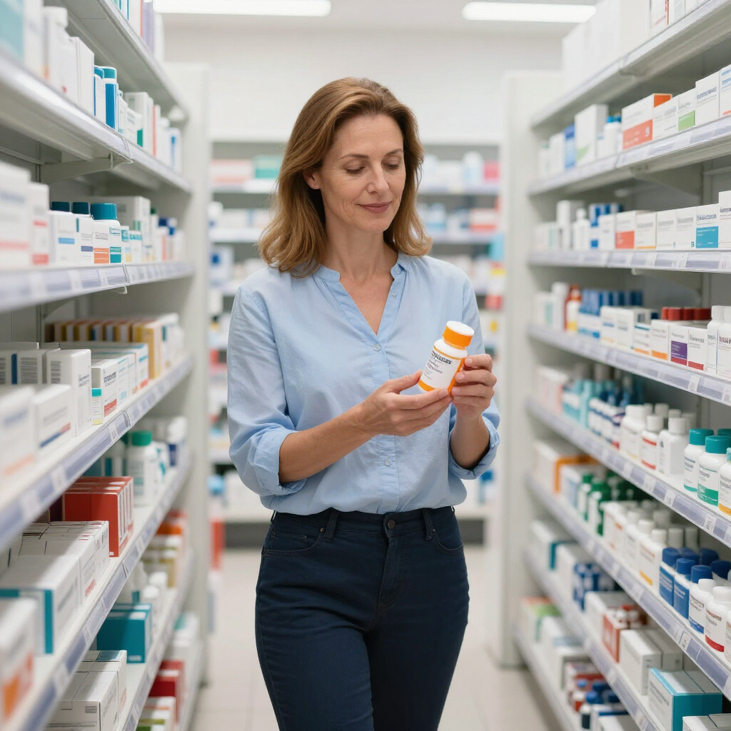 Una persona en el pasillo de una farmacia leyendo un frasco de medicamentos mientras sostiene una caja de medicamentos.