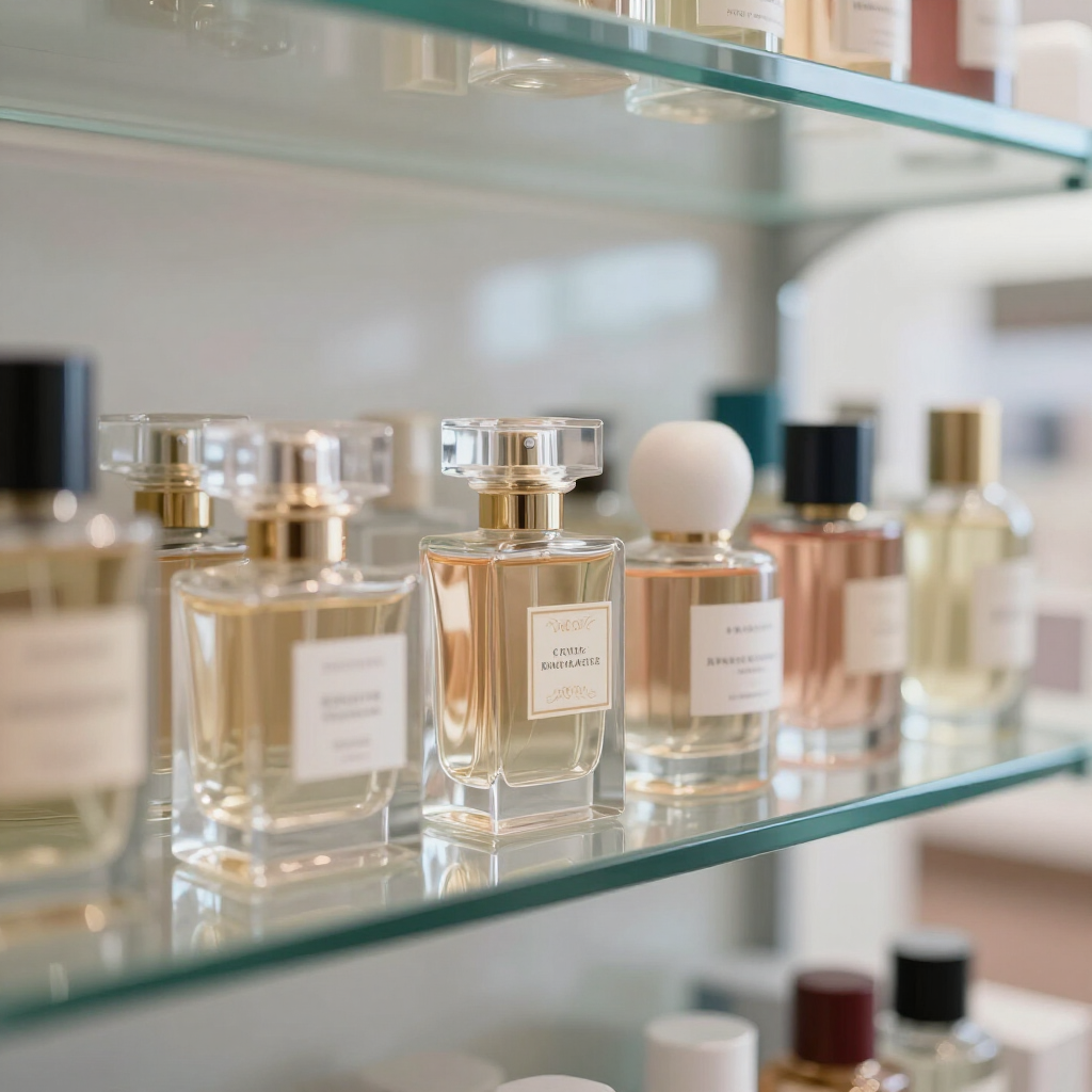 Frascos de perfume en estantes de vidrio en un luminoso escaparate.