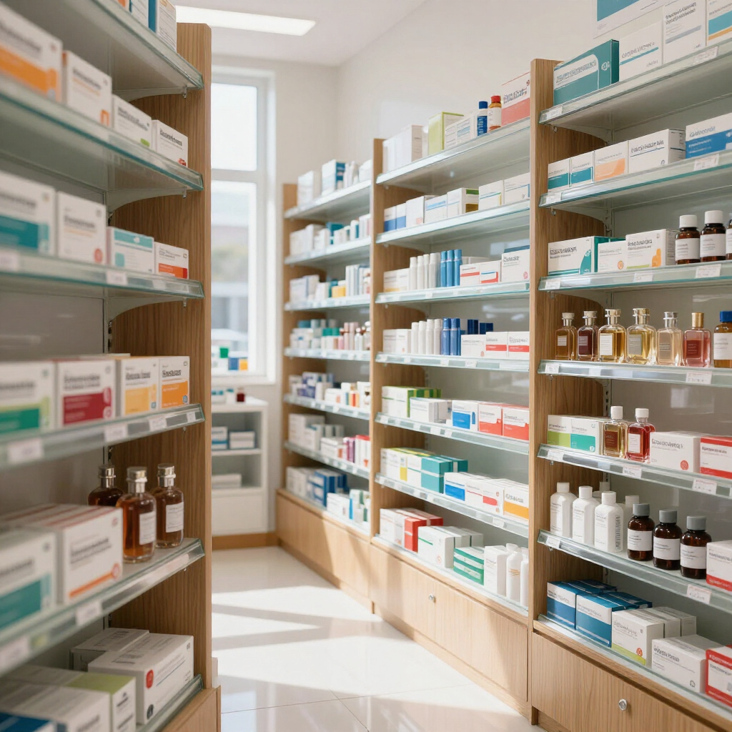 Pasillo de farmacia luminoso con estantes llenos de frascos y cajas de medicamentos en una habitación limpia y soleada.