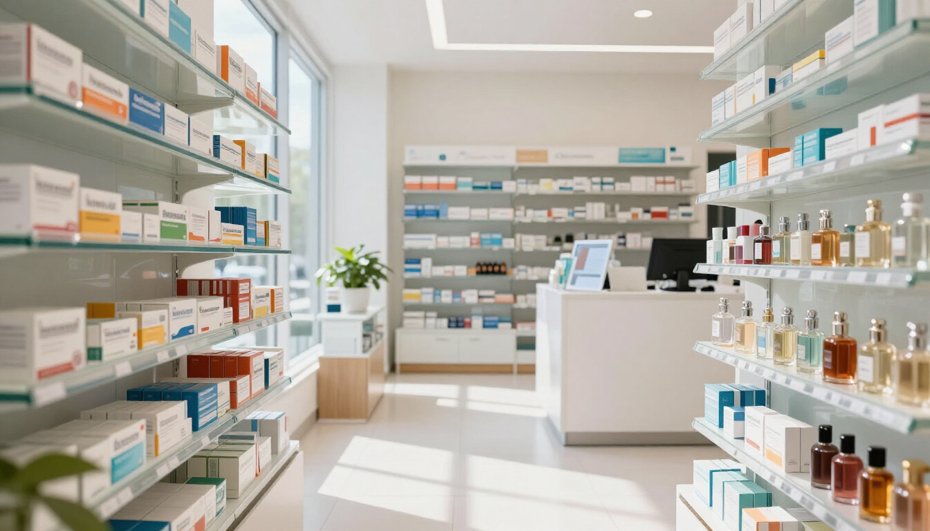 Interior luminoso de la farmacia con estantes blancos repletos de medicamentos y un mostrador de atención central.