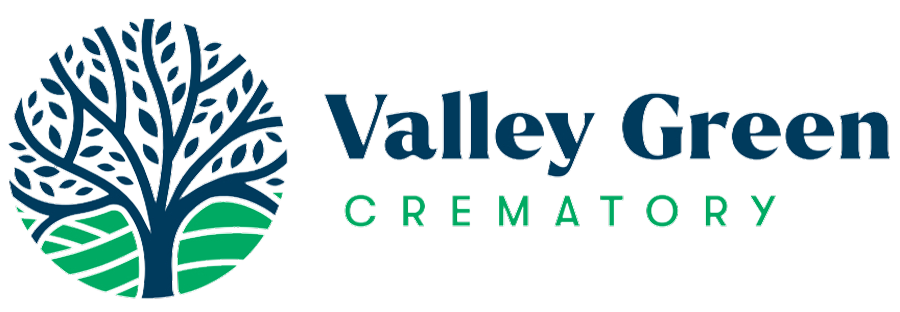 Valley Green Crematory logo with stylized teal tree and green hills icon