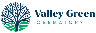 Valley Green Crematory logo with stylized teal tree and green hills icon