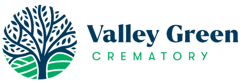Valley Green Crematory logo with stylized teal tree and green hills icon