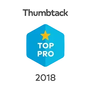 Thumbtack Top Pro badge with yellow star on blue hexagon, labeled 2018