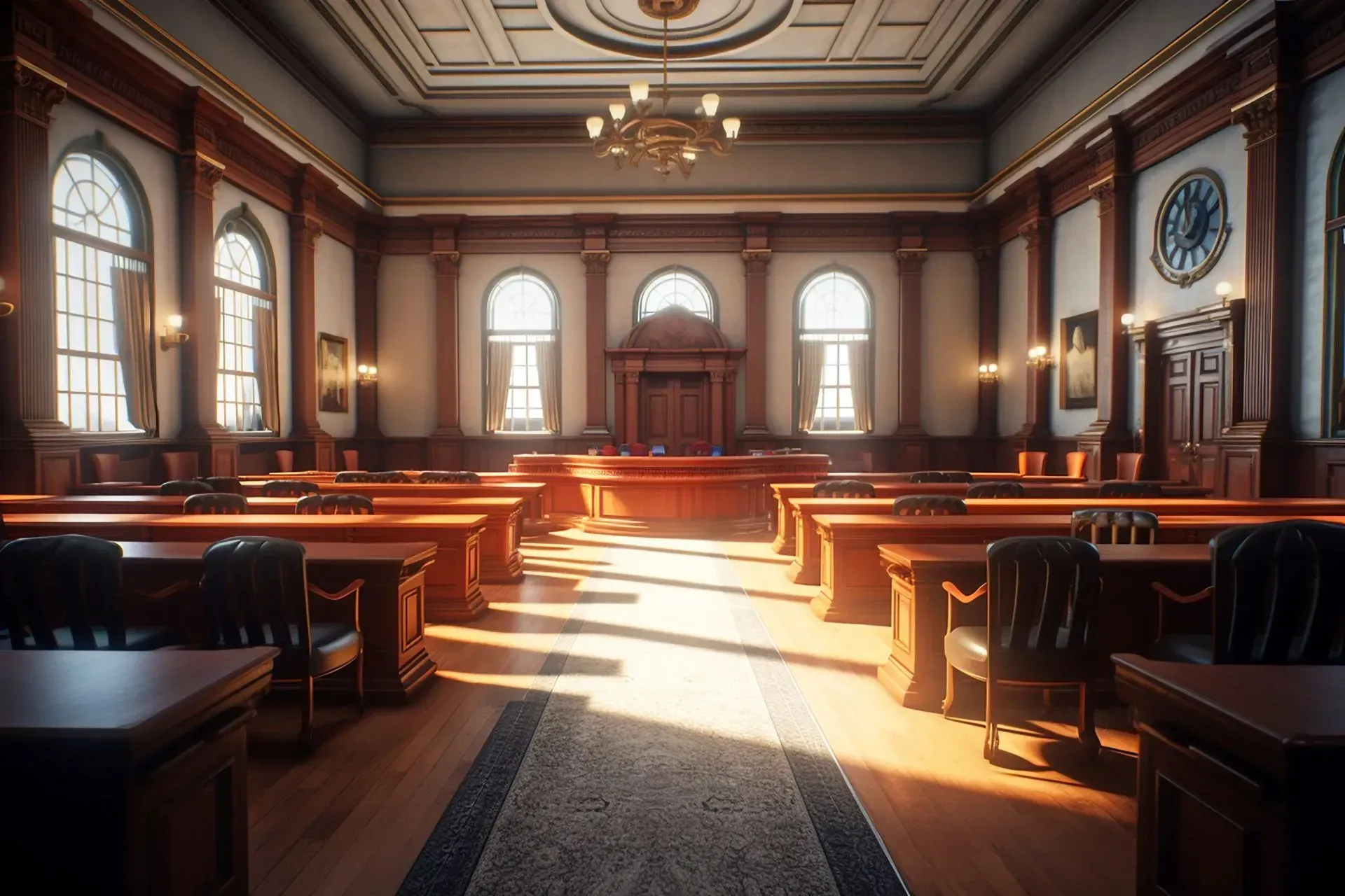 Empty courtroom with wooden benches, tall arched windows, and sunlight streaming across the floor.