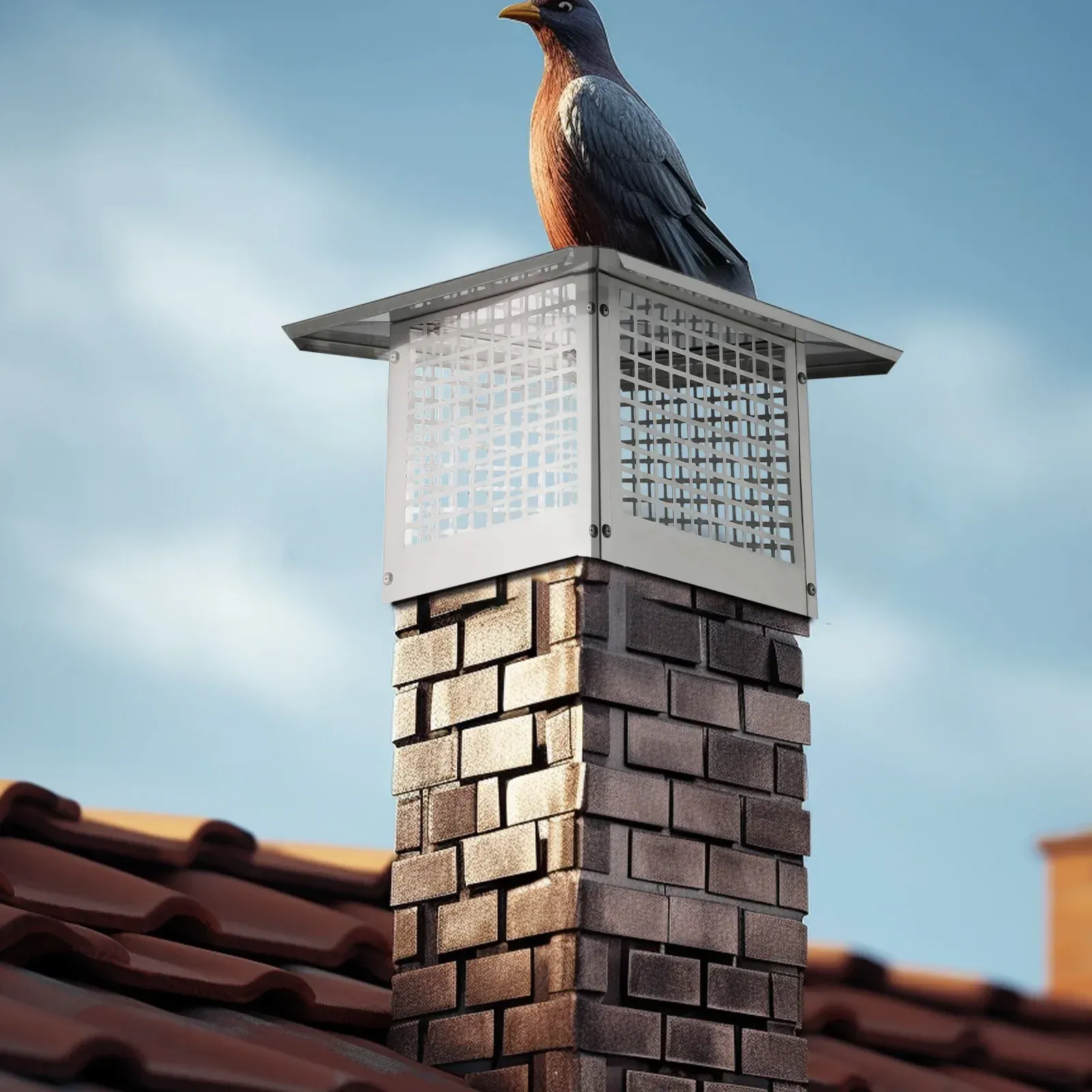 A bird perched on top of a brick chimney