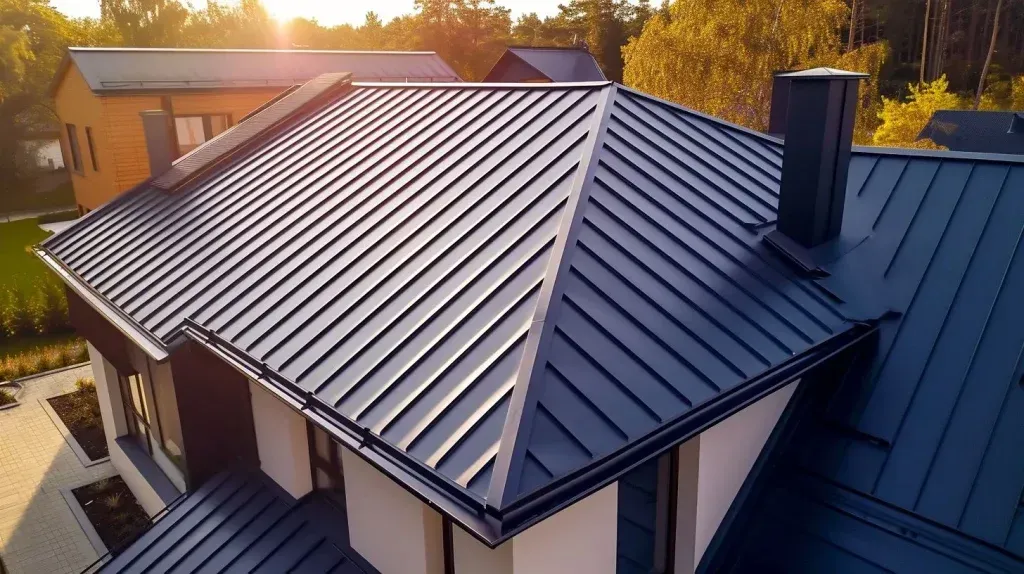 An aerial view of a house with a black roof.