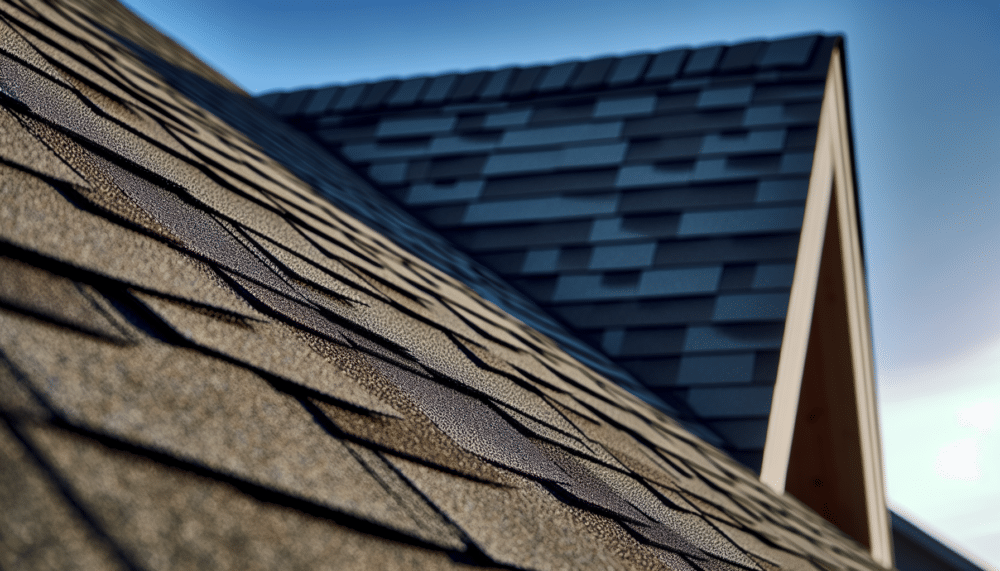 A close up of a roof with a blue sky in the background.
