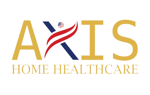 The Axis Home Healthcare logo in gold, featuring a red and blue flag-patterned swoosh replacing the letter X.