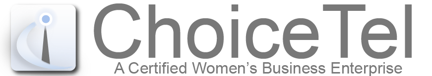 ChoiceTel logo with gray text and blue icon, labeled “A Certified Women’s Business Enterprise”