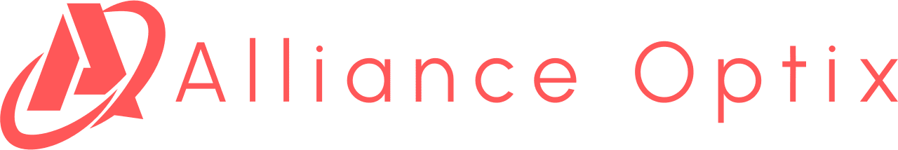 Alliance Optix logo with red stylized eye icon and red text on a white background