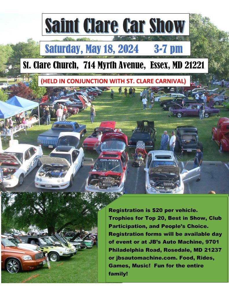 Car show at St. Clare Church: cars, people, carnival, Saturday, May 18, 2024, 3-7 pm, Essex, MD.