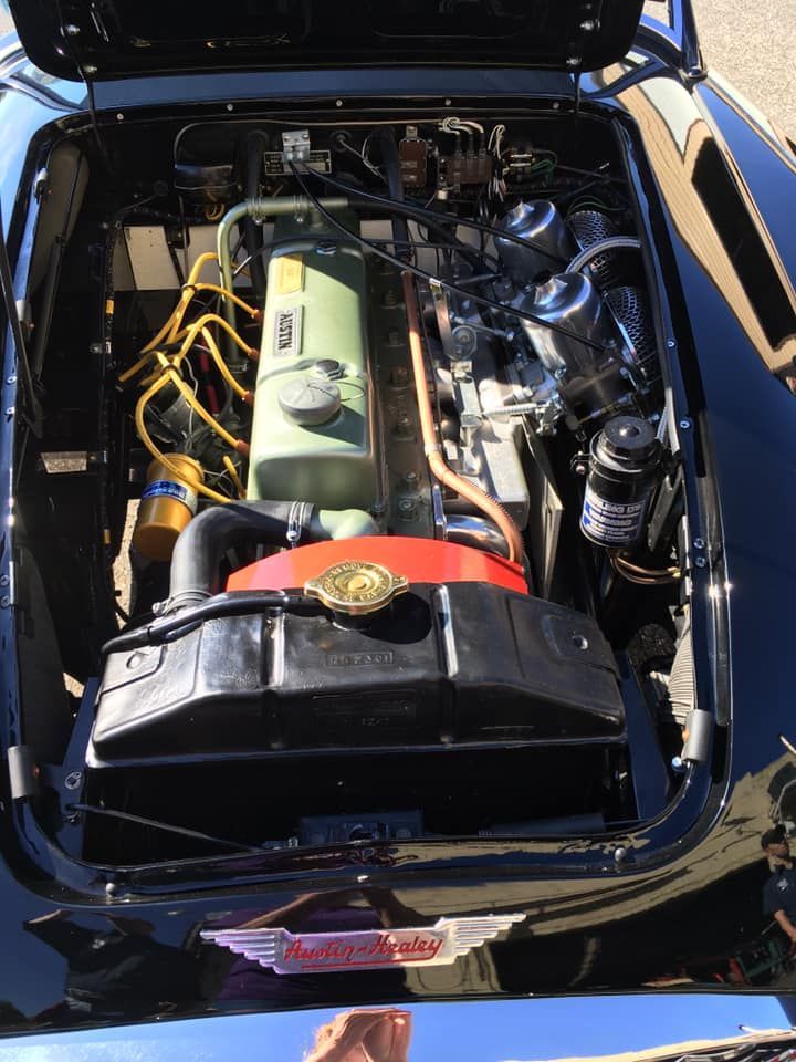 Black Austin Healey engine bay with green engine block, chrome parts, and red radiator.