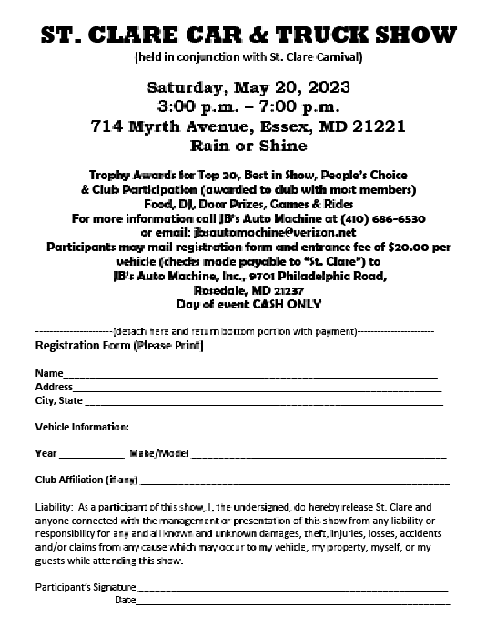 Flyer for St. Clare Car & Truck Show, Essex, MD. May 20, 2023, 3-7pm. Registration form included.
