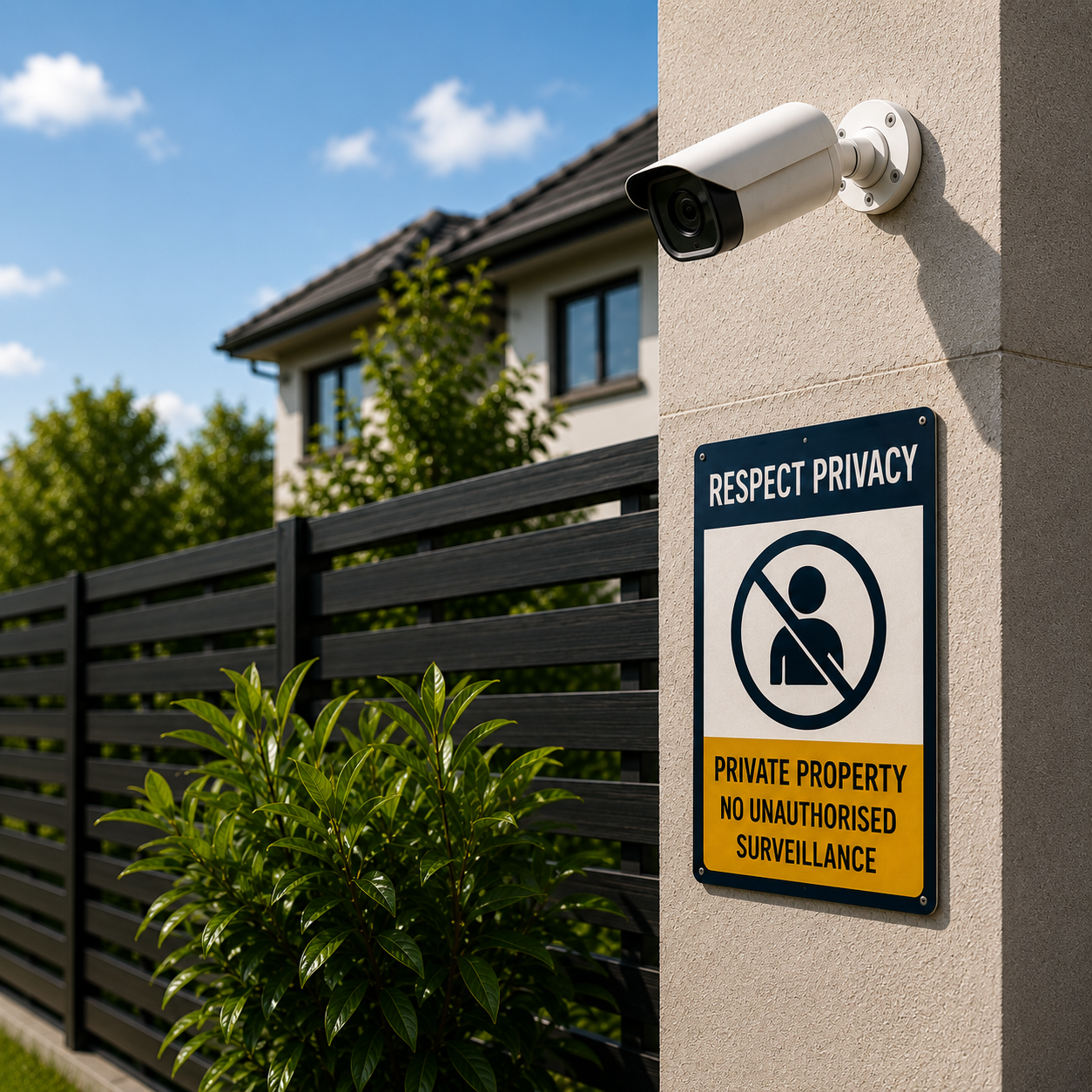 Narrow fenced path with signs warning of silence, boundaries, and respecting neighbors in a suburban setting