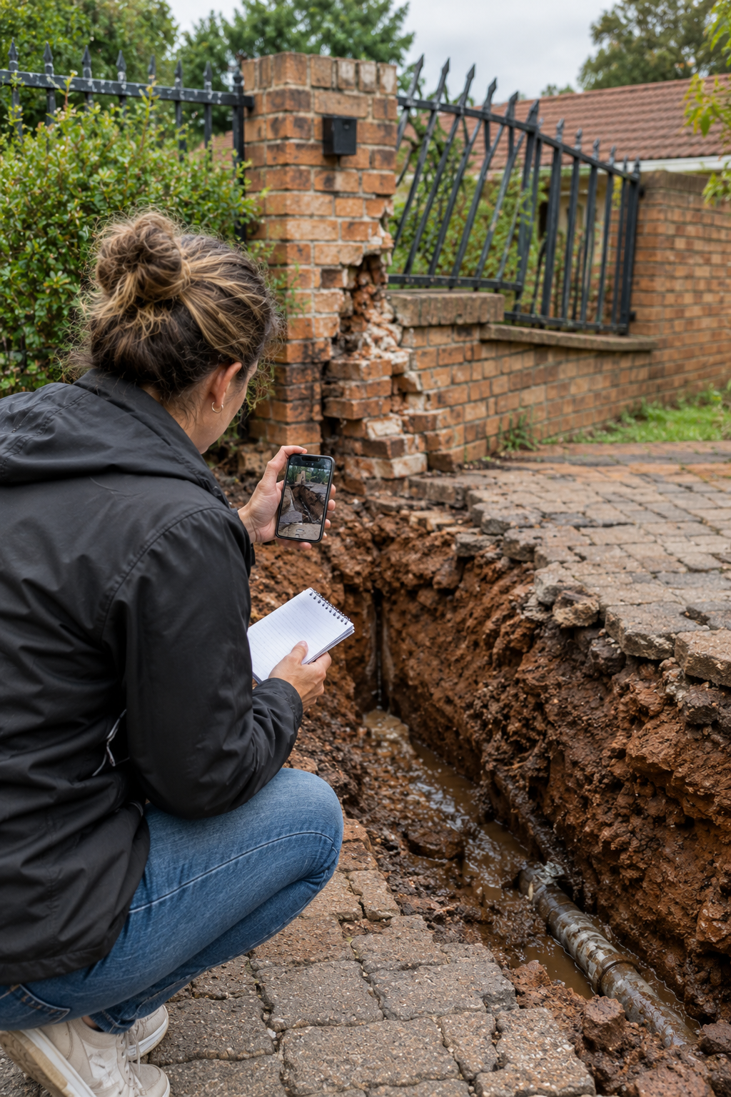 Homeowner photographing a damaged driveway to document municipal excavation work