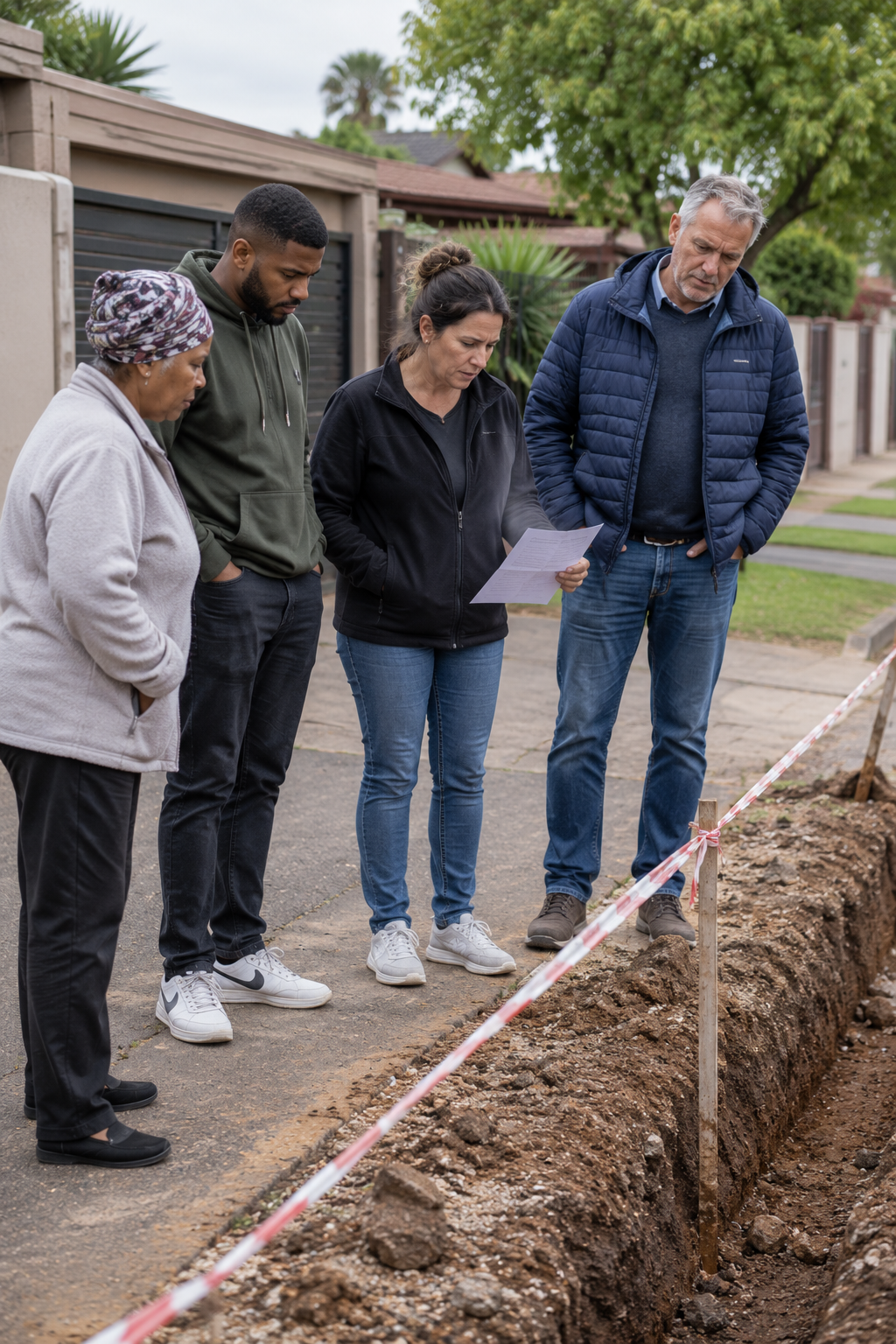 Neighbours gathered beside an unfinished municipal trench discussing a joint complaint