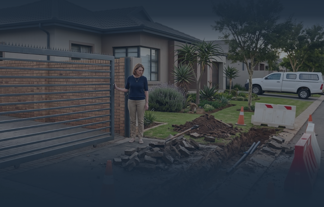  Municipal workers excavating a suburban driveway in Gauteng in front of lady
