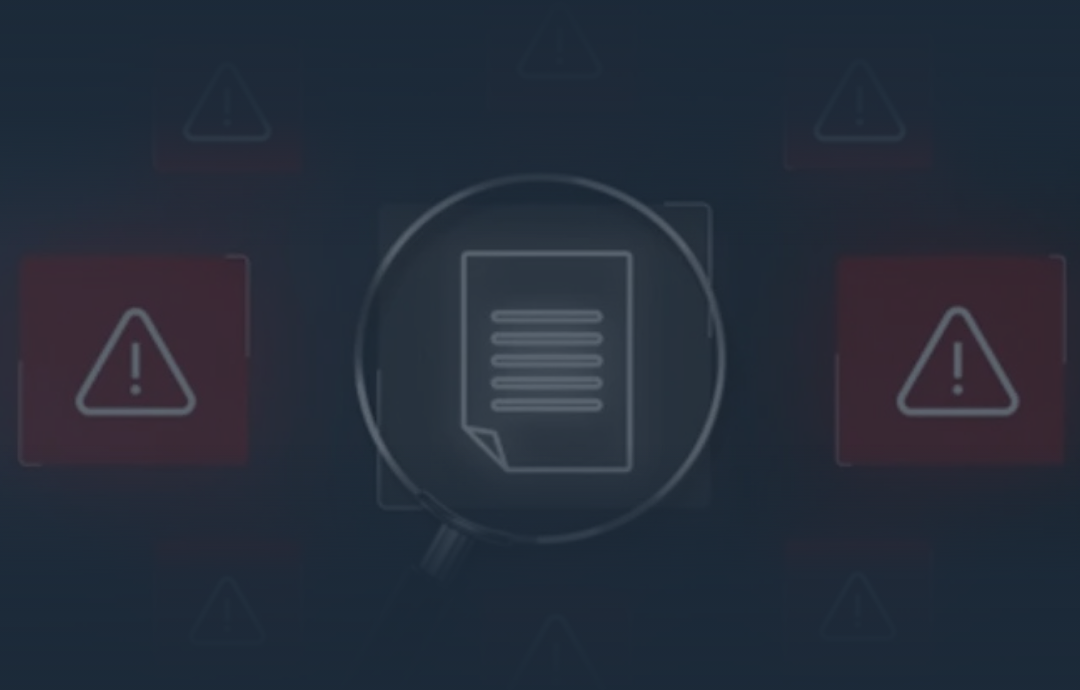 Magnifying glass over document, flanked by red warning icons. Dark blue background.