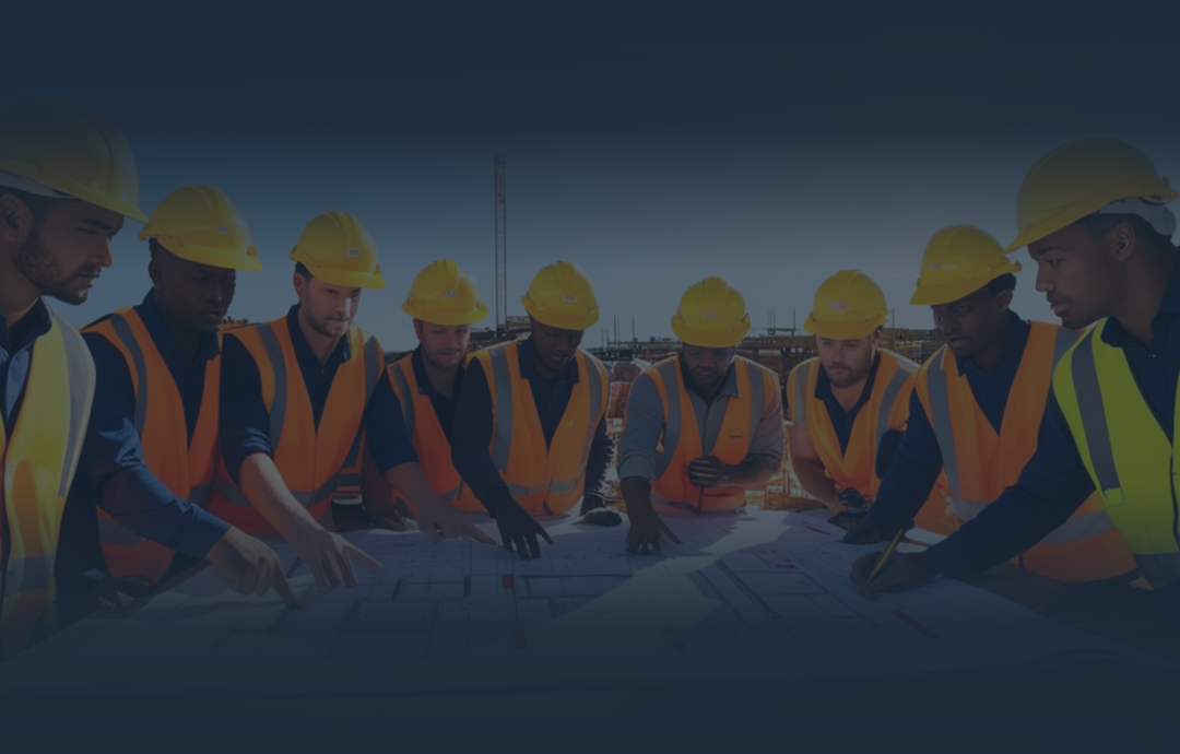 Construction workers in hard hats and vests gather around blueprints.