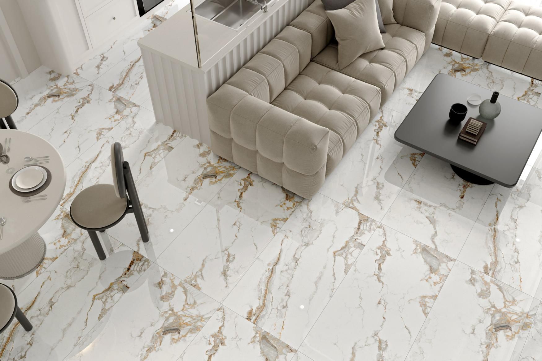 White and gold marble-look floor tiles in a modern living room with beige sofa and dark coffee table.