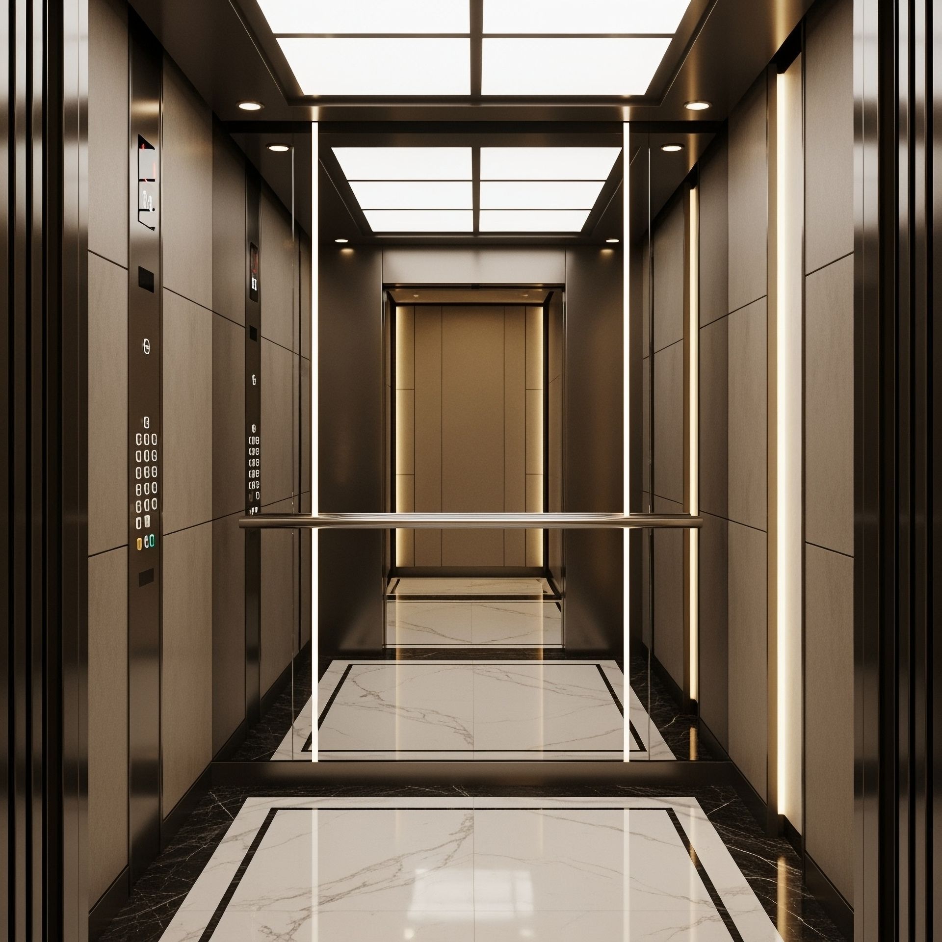 Modern elevator interior with bronze panels, marble floor, and mirrored walls