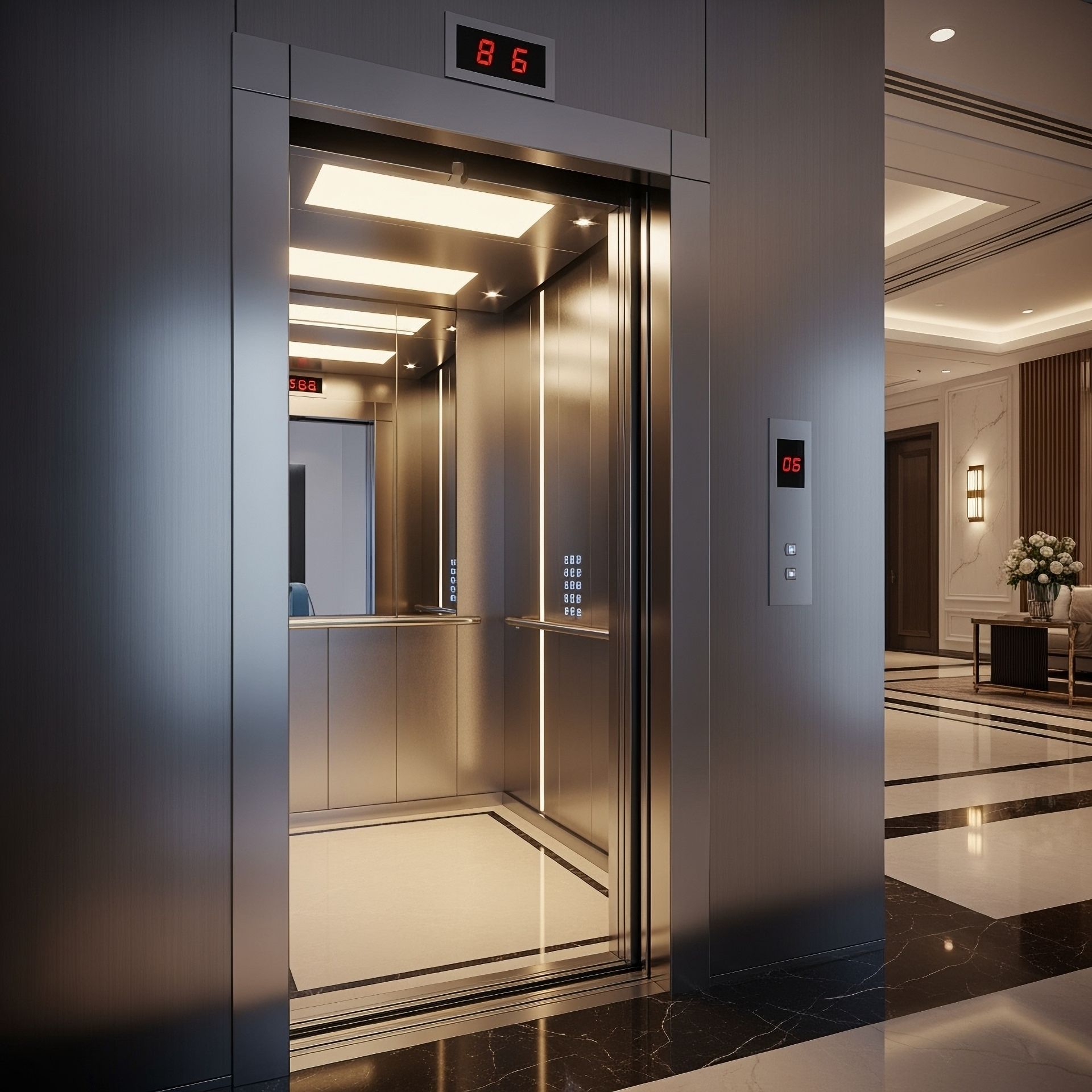Open elevator with stainless steel doors in a modern lobby