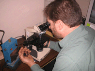 A man in a green shirt is looking through a microscope.