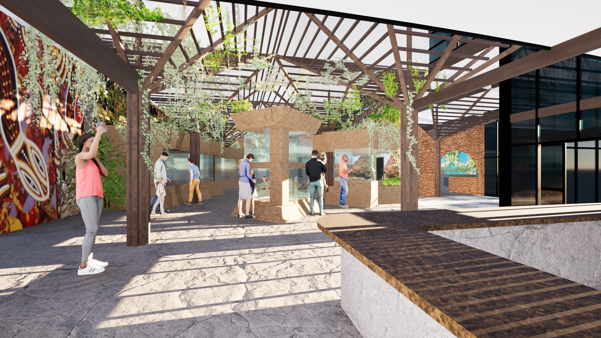 Outdoor courtyard with pergola shade, people walking, benches, trees, and modern building walls