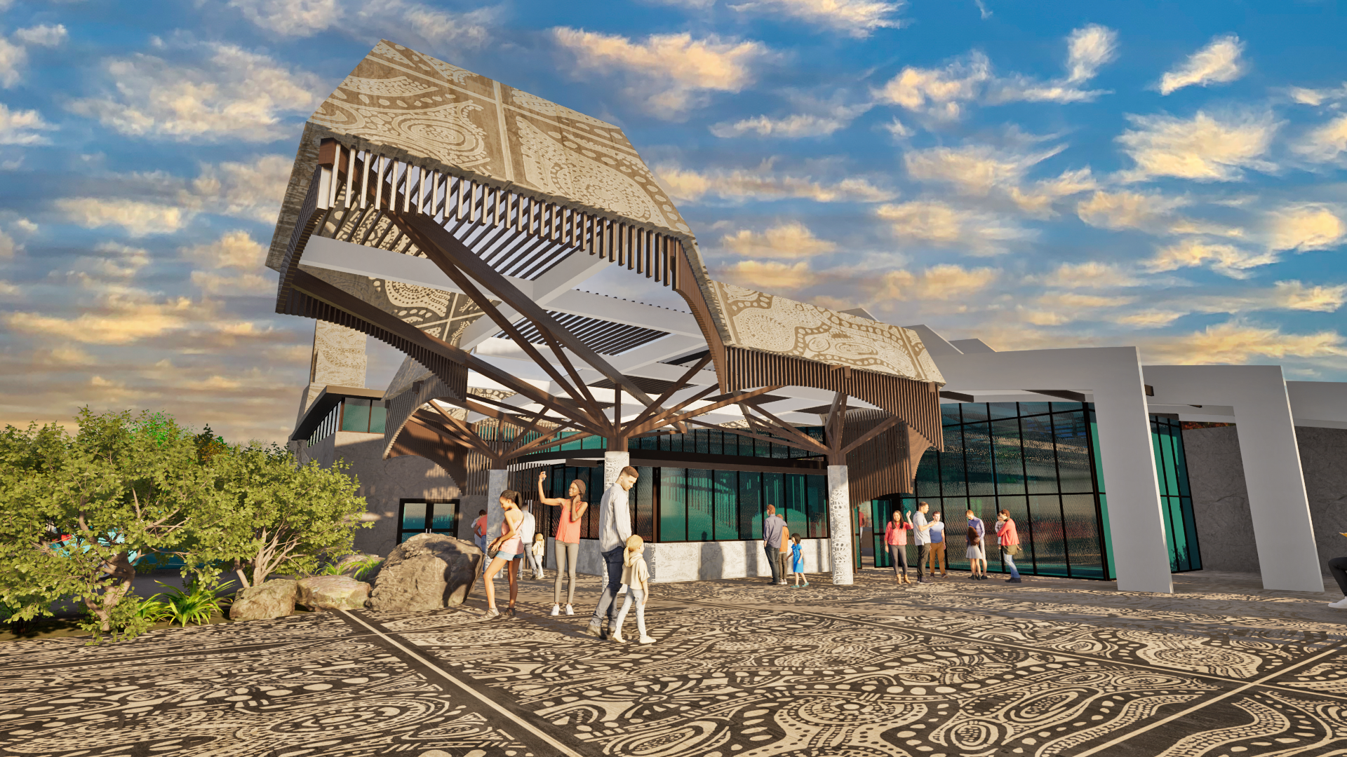Modern building entrance with people walking under a dramatic wooden canopy at sunset