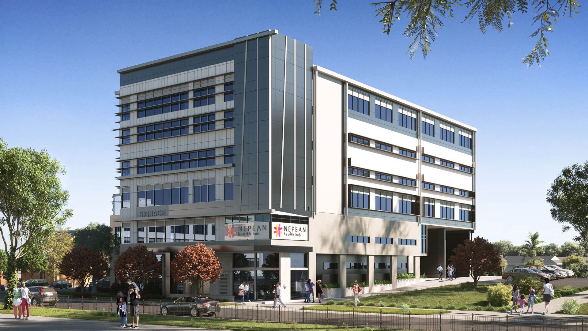 Modern multi-story office building with glass windows and people walking outside on a sunny day
