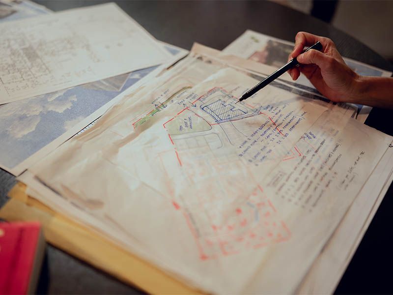 Hand pointing at sketched design notes on paper with pencil and ruler on a desk