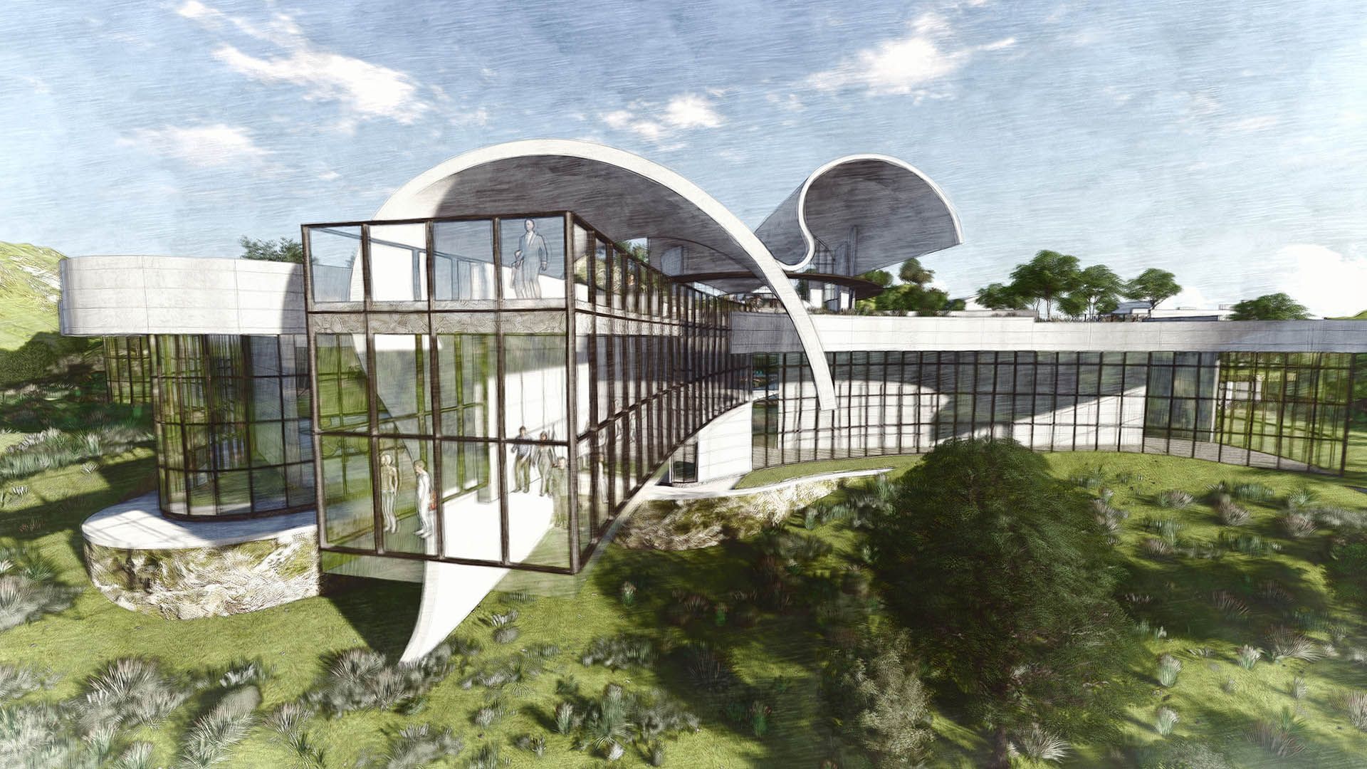 Modern glass-and-steel building with curved roof, set amid green hills and trees under a bright sky