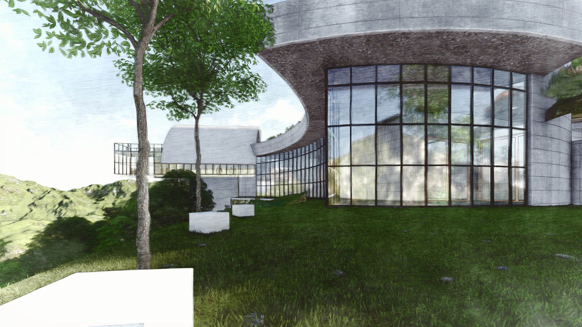 Modern glass-front building with a curved roof beside grass and a tree under a cloudy sky