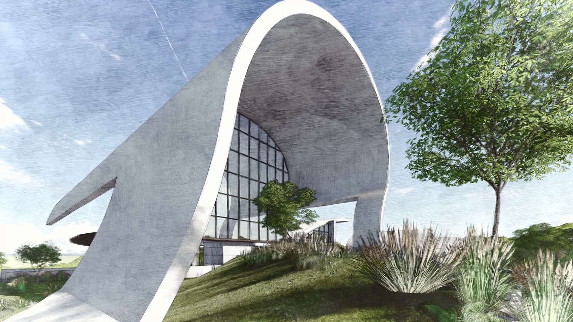 Modern white curved building with large arched opening, glass facade, and landscaped greenery under a blue sky