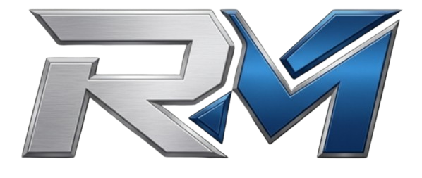 Stylized silver and blue RM logo on a white background