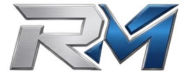 Stylized silver and blue RM logo on a white background