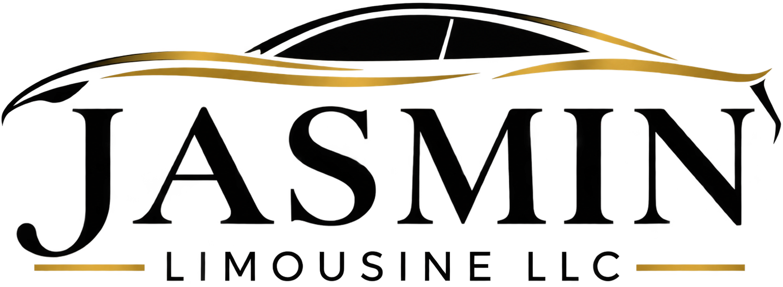Jasmin Limousine LLC logo with gold and black text and stylized arch design