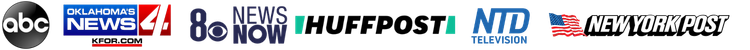News media logos in a horizontal row, including ABC, NBC News, HuffPost, NTD