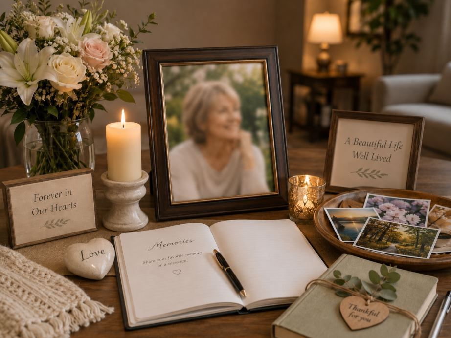 Memorial portrait, flowers, and memory book honor life after loss, funeral homes Downingtown, PA