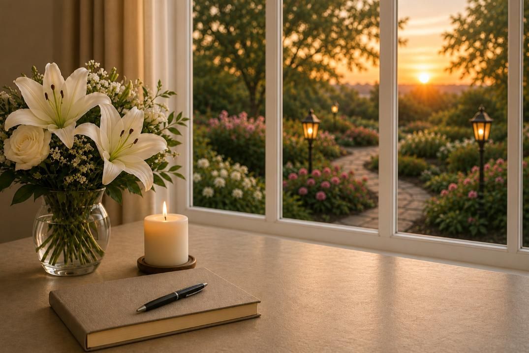 White lilies, candle, and journal offer trusted guidance, funeral homes Upper Darby, PA