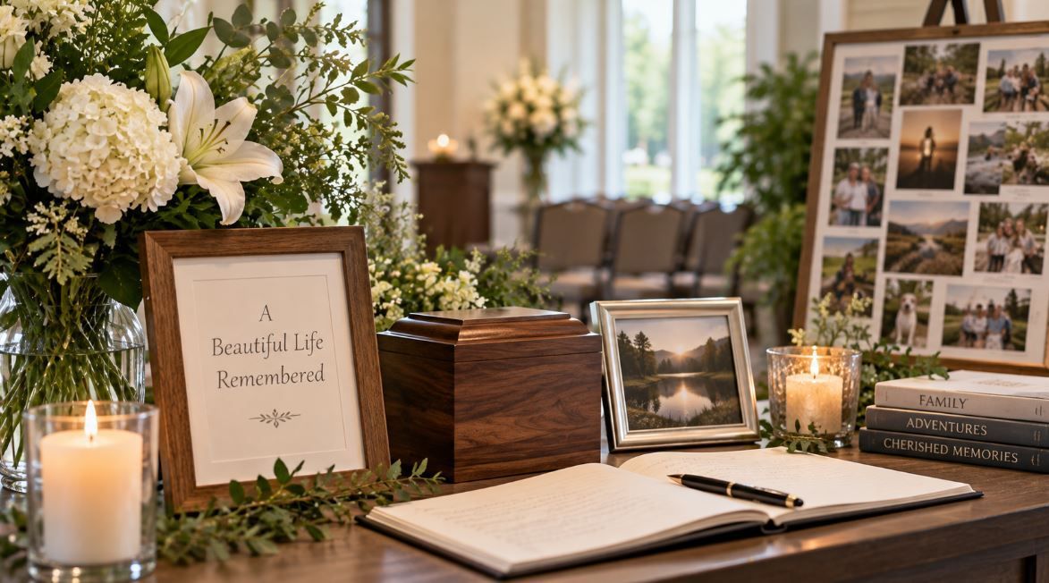 Memory book, floral tribute, and keepsakes honor a loved one in Newtown Square, PA